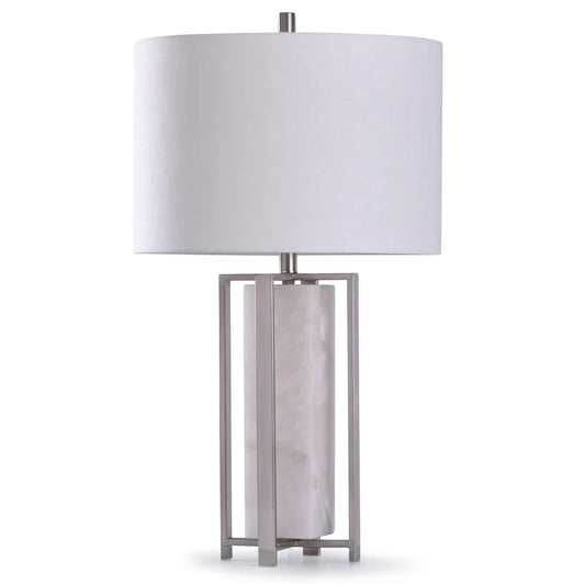 StyleCraft Abyaz Marble and Steel Open Square Framed Marble Table Lamp with White Drum Shade