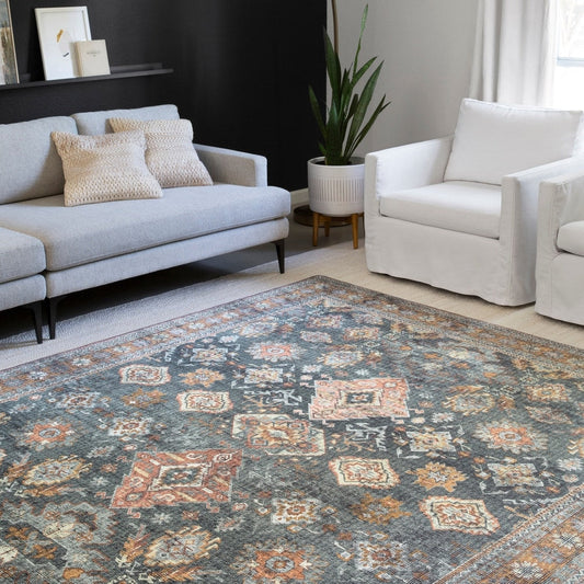Leanne Traditional Distressed Printed Area Rug - Sea/ Rust