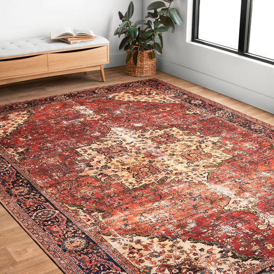 Tremezzina Printed Distressed Medallion Red Orange Area Rug