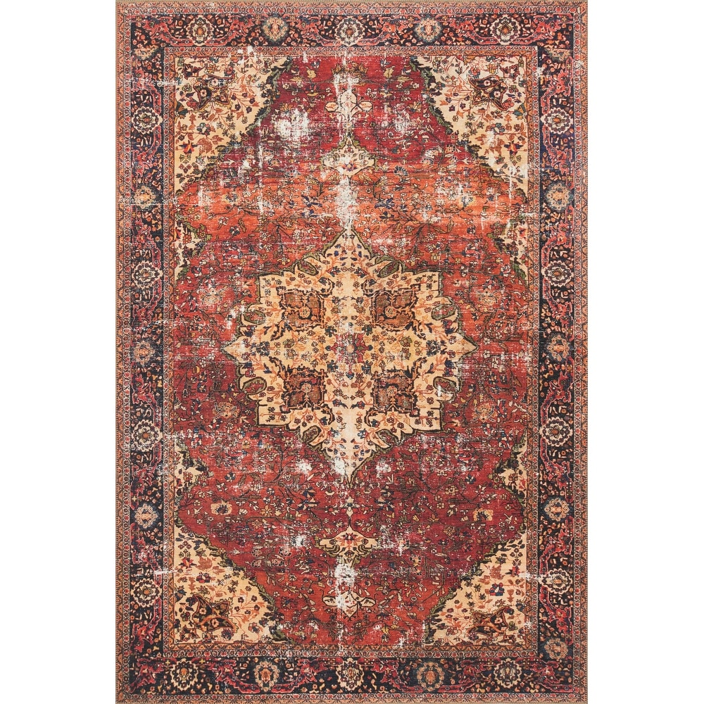 Tremezzina Printed Distressed Medallion Red Orange Area Rug