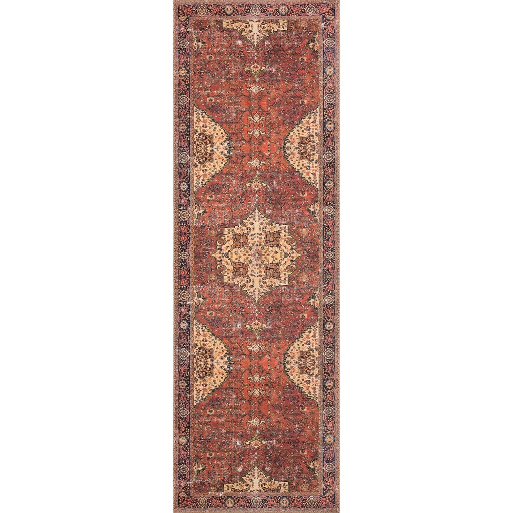 Tremezzina Printed Distressed Medallion Red Orange Area Rug