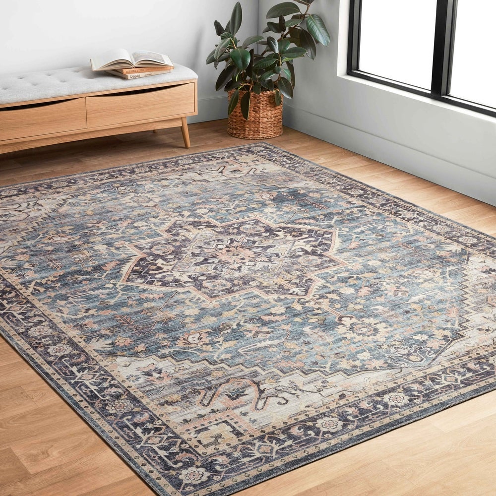 Venetian Printed Medallion Distressed Blue Gold Area Rug - Navy/Multi