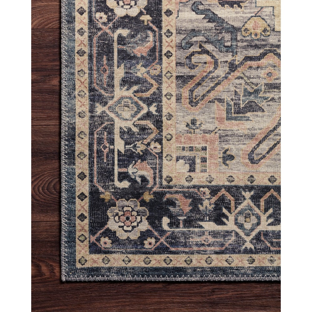 Venetian Printed Medallion Distressed Blue Gold Area Rug - Navy/Multi