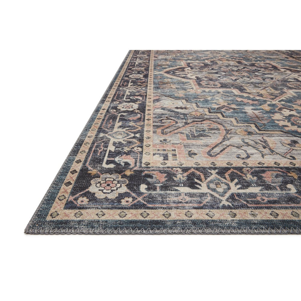 Venetian Printed Medallion Distressed Blue Gold Area Rug - Navy/Multi