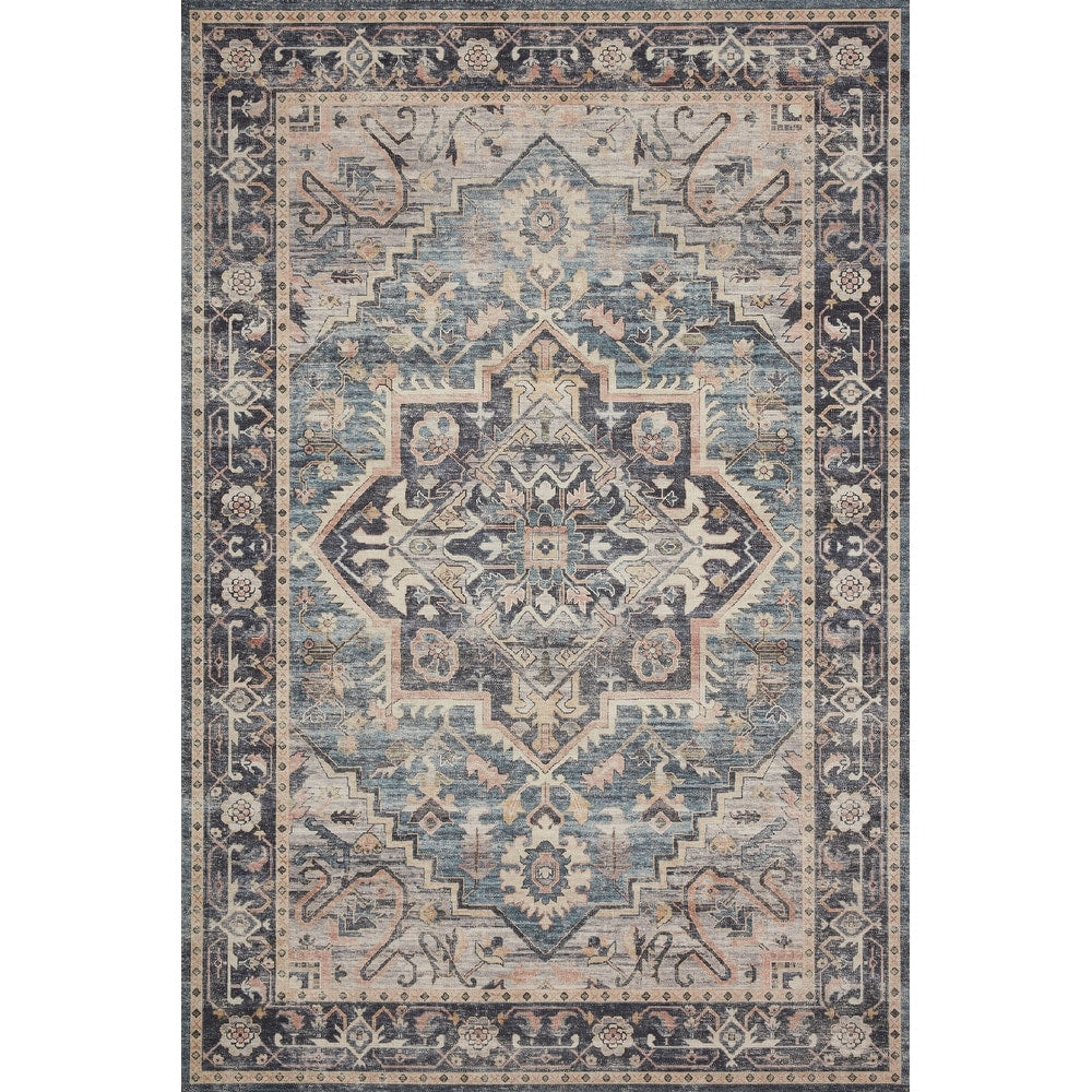 Venetian Printed Medallion Distressed Blue Gold Area Rug - Navy/Multi