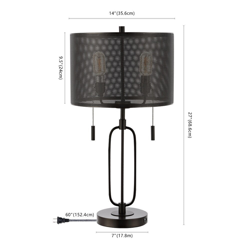 Asher 27" 2-Light Industrial Farmhouse Iron LED Table Lamp with USB Charging Port, Oil Rubbed Bronze by JONATHAN Y