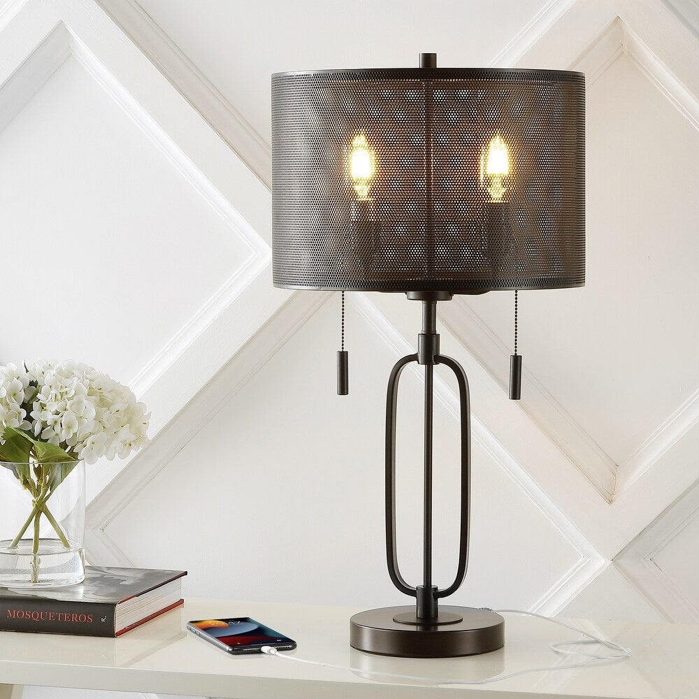 Asher 27" 2-Light Industrial Farmhouse Iron LED Table Lamp with USB Charging Port, Oil Rubbed Bronze by JONATHAN Y