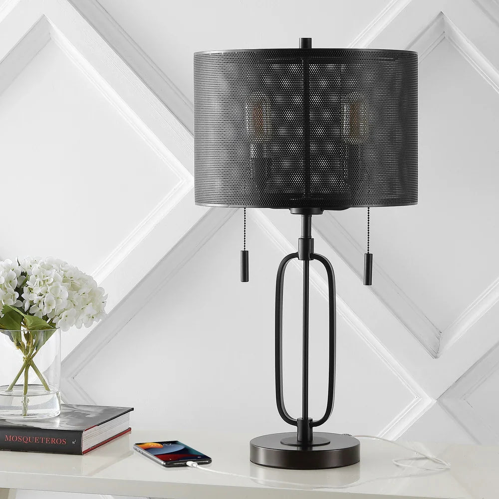 Asher 27" 2-Light Industrial Farmhouse Iron LED Table Lamp with USB Charging Port, Oil Rubbed Bronze by JONATHAN Y