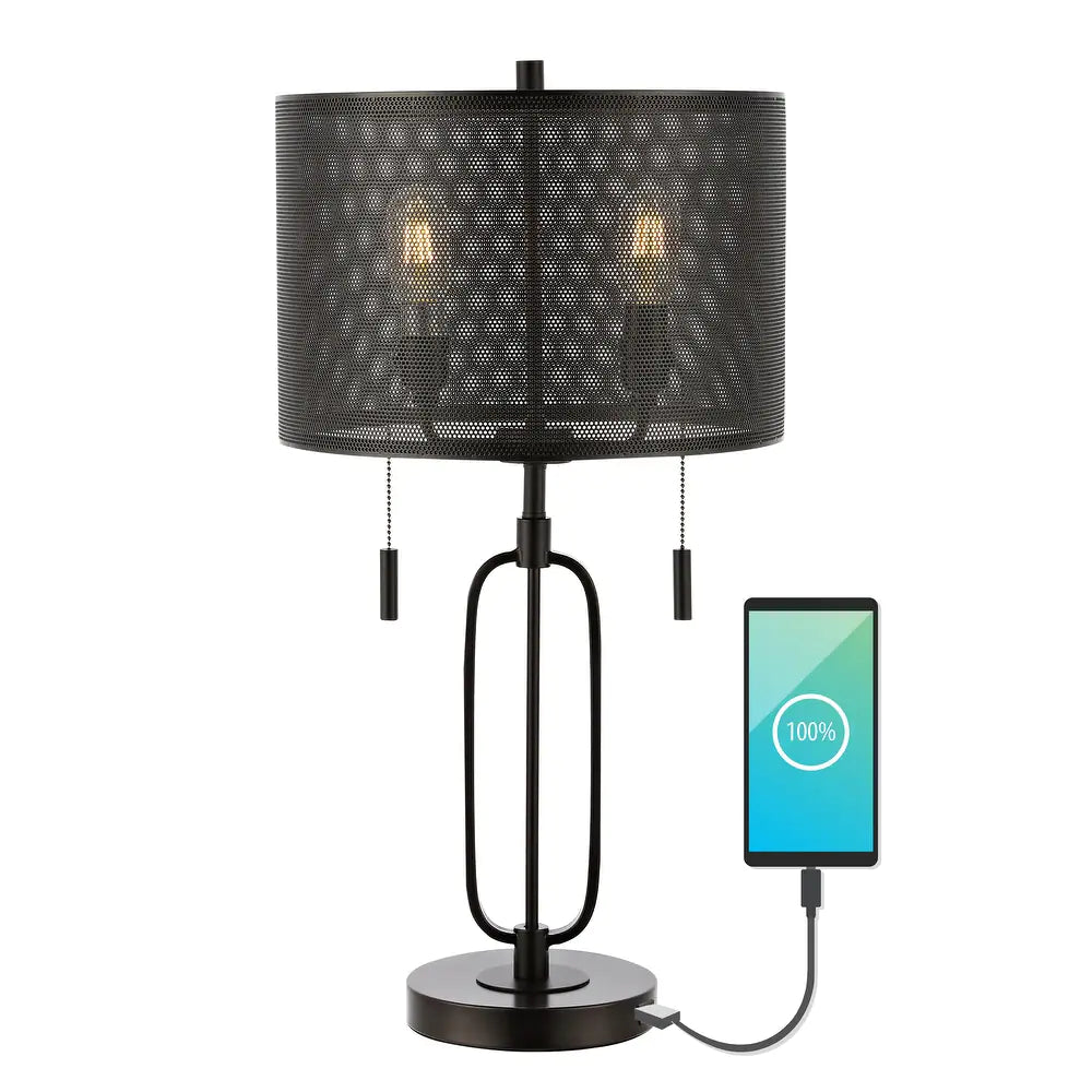 Asher 27" 2-Light Industrial Farmhouse Iron LED Table Lamp with USB Charging Port, Oil Rubbed Bronze by JONATHAN Y