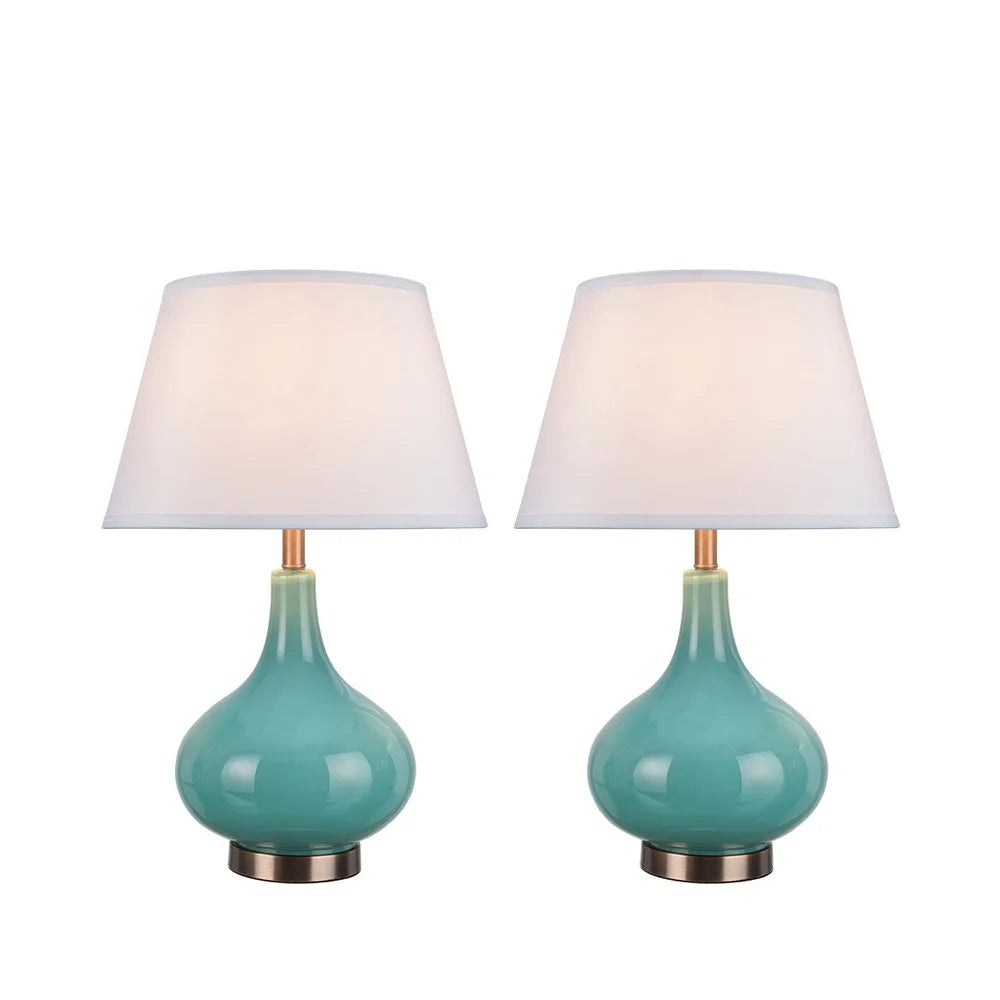 Aspen Creative 2 Pack Set 23" High Glass Table Lamp, Turquoise with Antique Red Copper Base and Hardback Empire Lamp Shade White