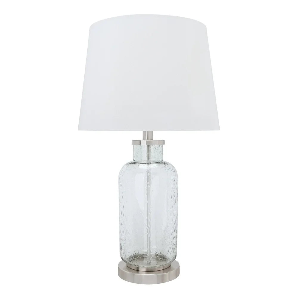 Aspen Creative 26" High Transitional Glass Table Lamp in Clear Seedy with Hardback Empire Lamp Shade in White, 14" wide