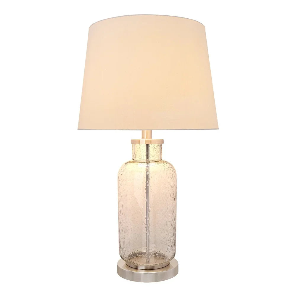 Aspen Creative 26" High Transitional Glass Table Lamp in Clear Seedy with Hardback Empire Lamp Shade in White, 14" wide