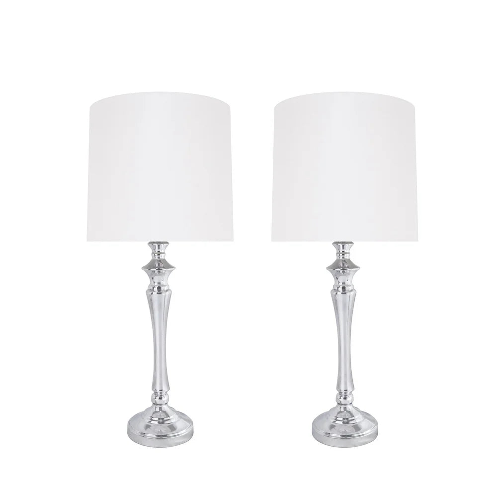 Aspen Creative Two Pack Set - 30-1/2" High Metal Table Lamp, Chrome Finish and Drum Shaped Lamp Shade in White, 12" Wide