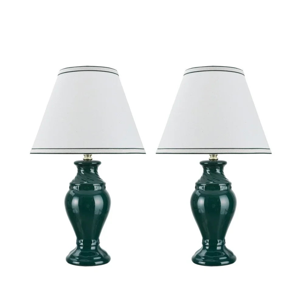 Aspen Creative Two Pack Set, 19 1/2" High, Ceramic Table Lamp, Green with Hardback Empire Lamp Shade in Off-White, 12" Wide