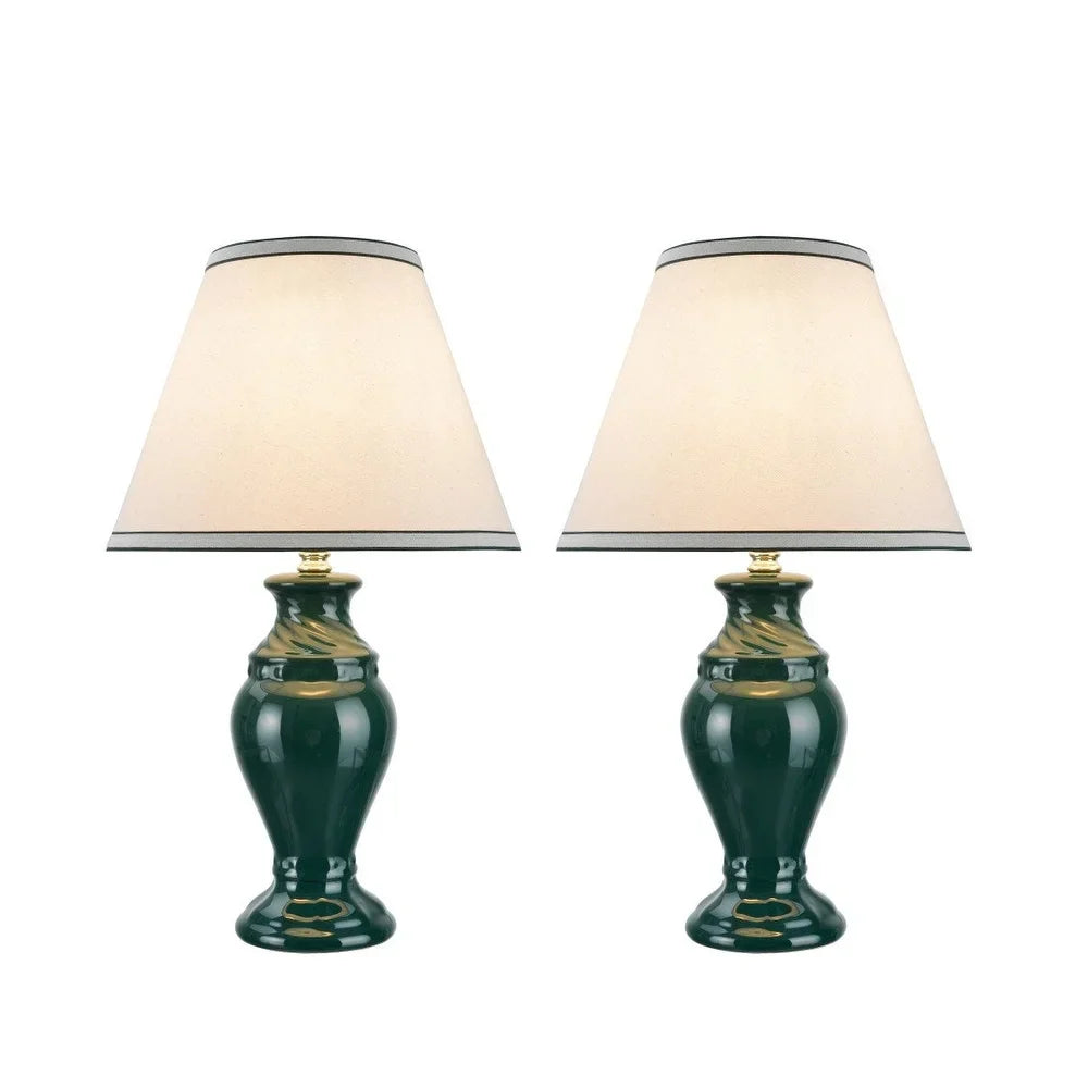Aspen Creative Two Pack Set, 19 1/2" High, Ceramic Table Lamp, Green with Hardback Empire Lamp Shade in Off-White, 12" Wide