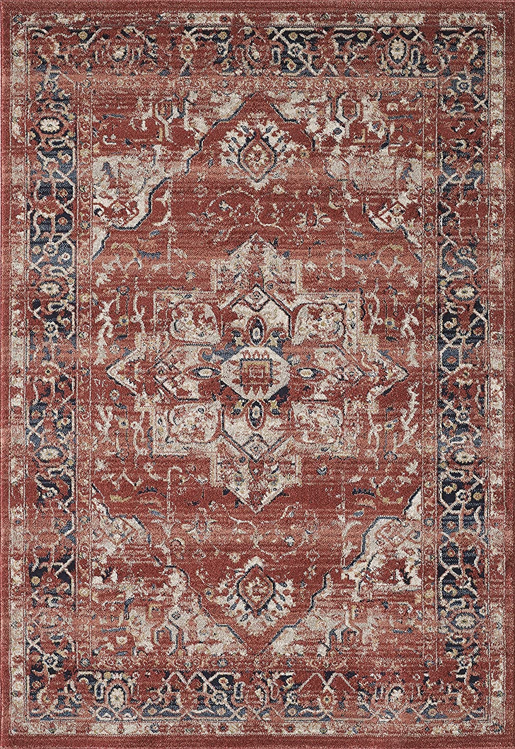 Red & Beige Oriental Medallion Distressed Vintage Rug
