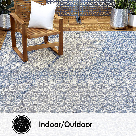 Damask Pattern Blue Grey Indoor/Outdoor Area Rug - UV/Weather Resistant