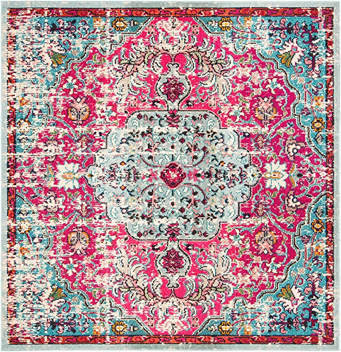 Boho Chic Vintage Medallion Distressed Runner,  Fuchsia/Teal