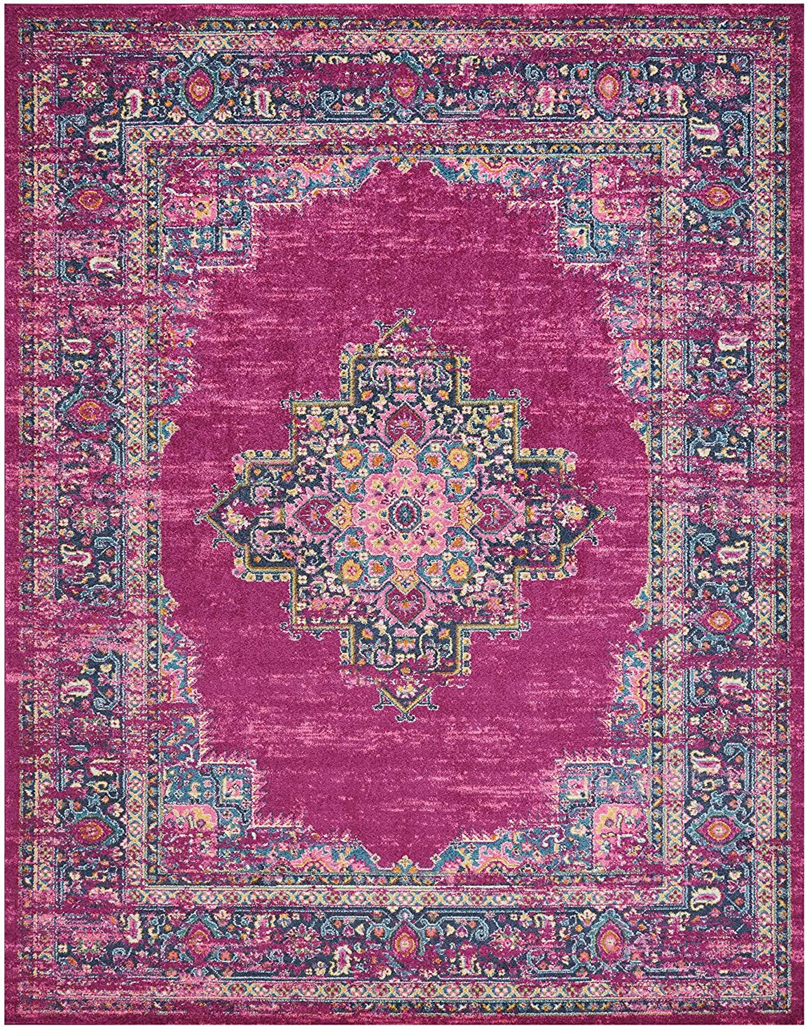 Medallion Distressed Blue Magenta Soft Area Rug