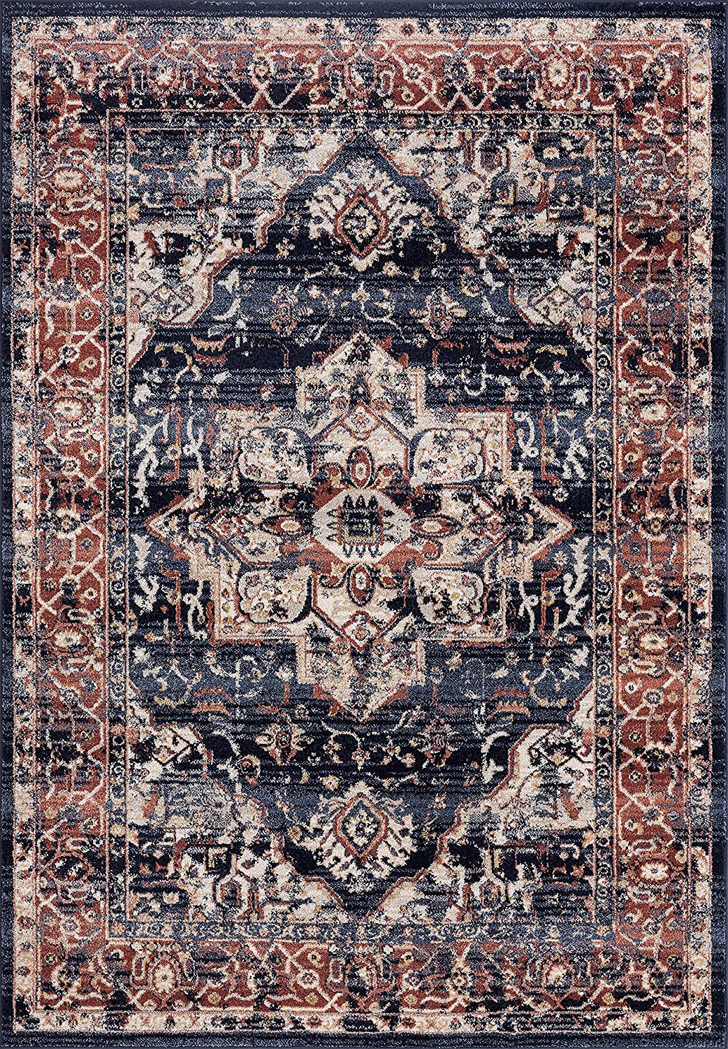 Navy & Beige Vintage Turkish Oriental Medallion Distressed Rug