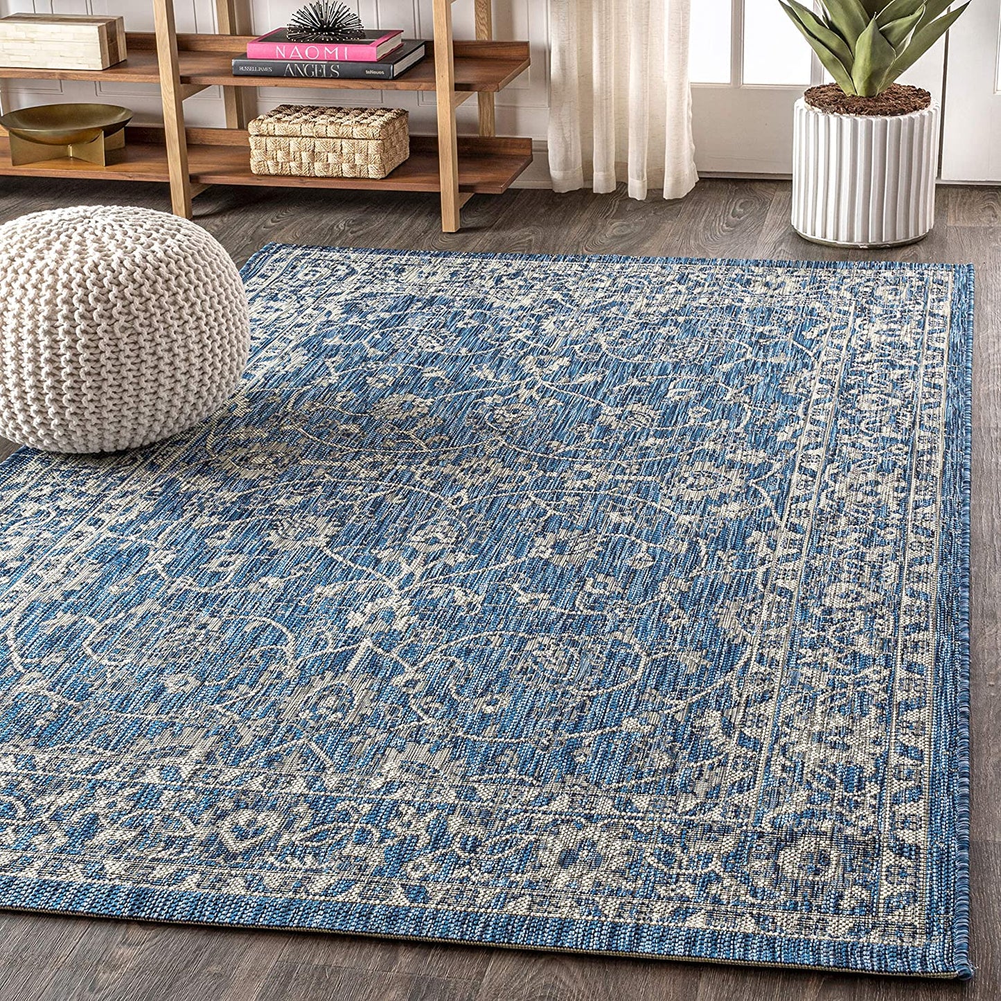 Palazzo Vine and Border Textured Weave Indoor/Outdoor Navy/Gray