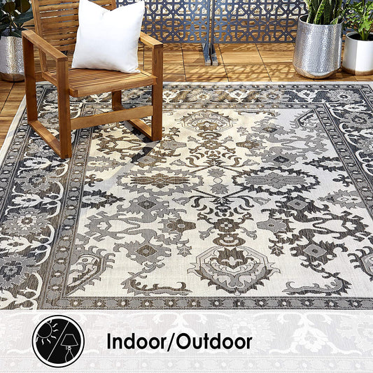 Floral Black Grey Indoor/Outdoor Area Rug - UV/Weather Resistant