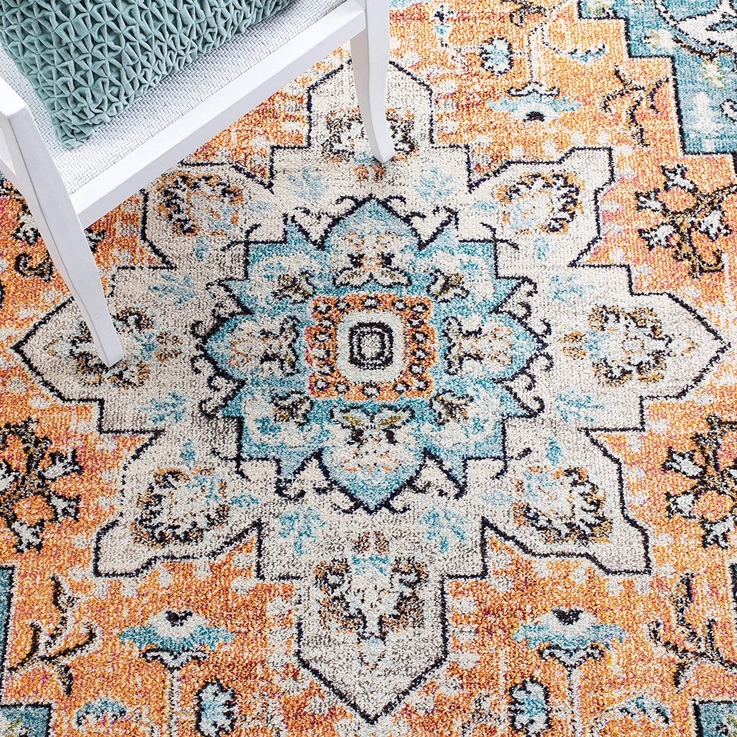 Boho Chic Medallion Distressed Soft Area Rug, Orange / Teal