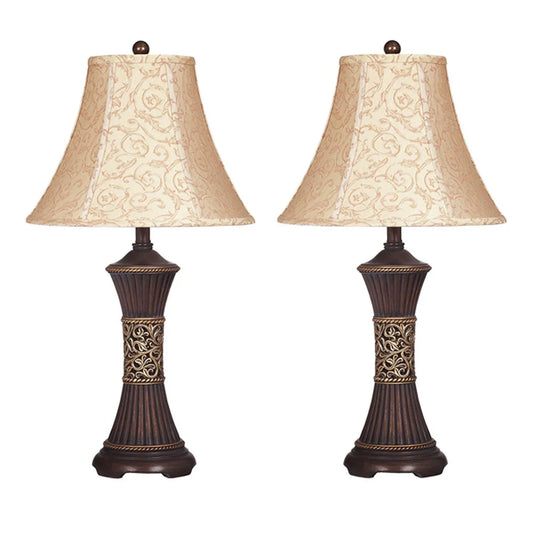 Bell Shape Fabric Shade Table Lamp with Ribbed Base, Set of 2, Beige and Black