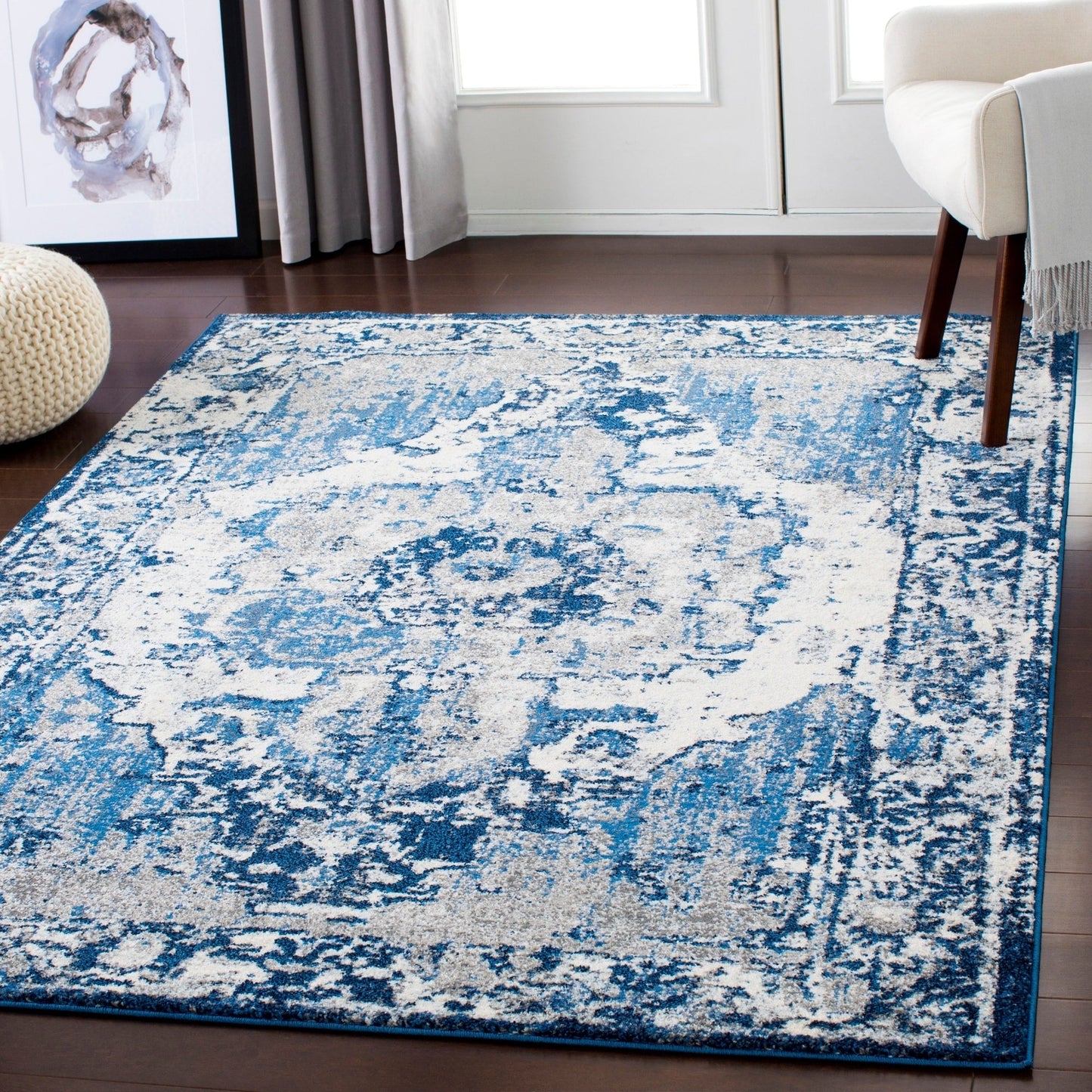 Vintage Distressed Blue Cream Area Rugs