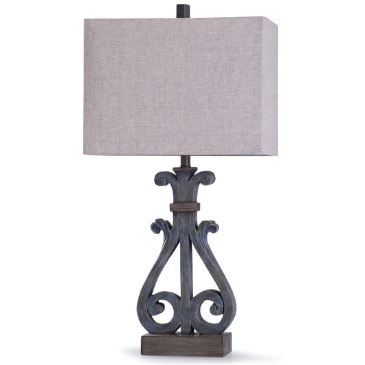 StyleCraft Brampton Distressed Blue Open Scroll Design Table Lamp with Oatmeal Rectangle Shade