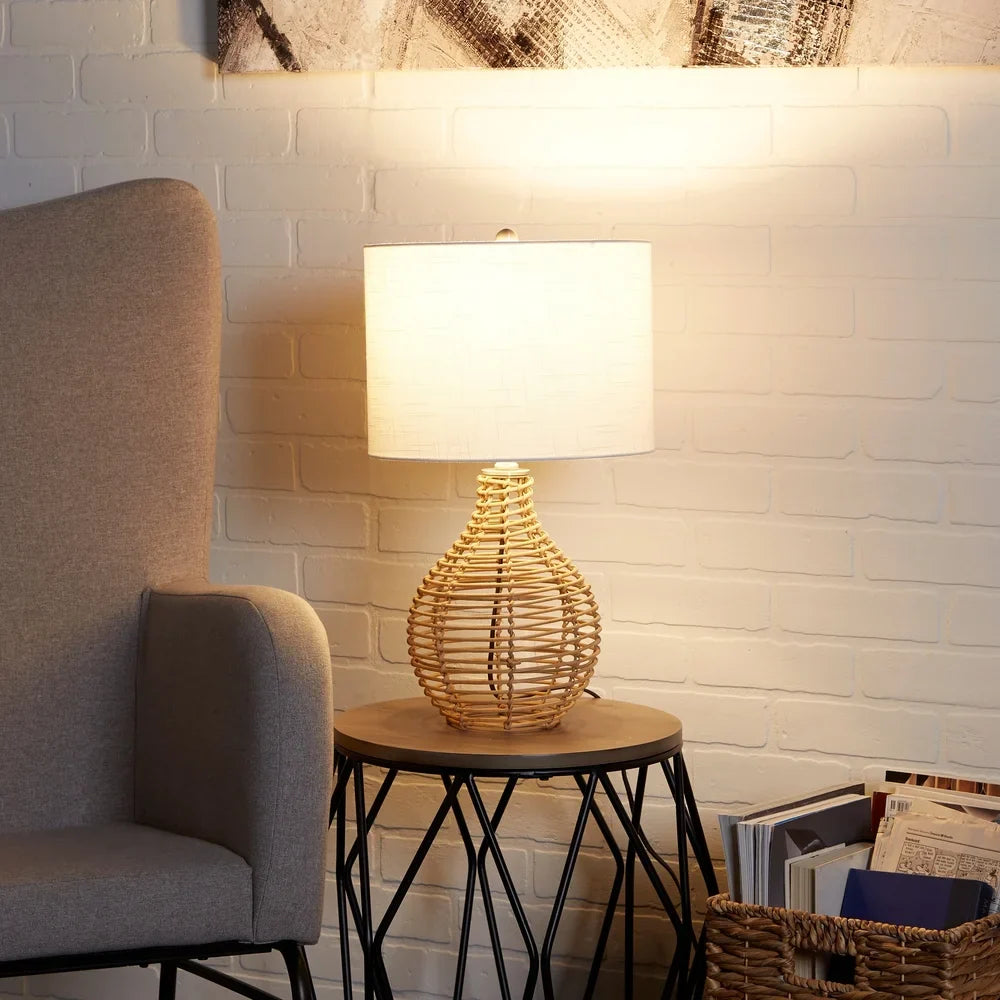 Bryce 20.5" Rattan Table Lamp with White Linen Drum Shade