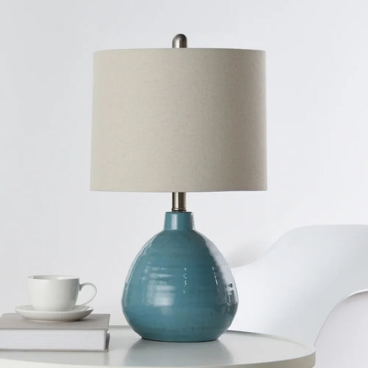 StyleCraft Cameron Ceramic Seaside Storm Blue Table Lamp - Beige Hardback Linen Shade