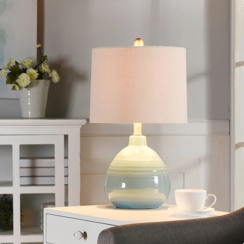 StyleCraft Cameron Ceramic Seaside Storm Blue Table Lamp - Beige Hardback Linen Shade