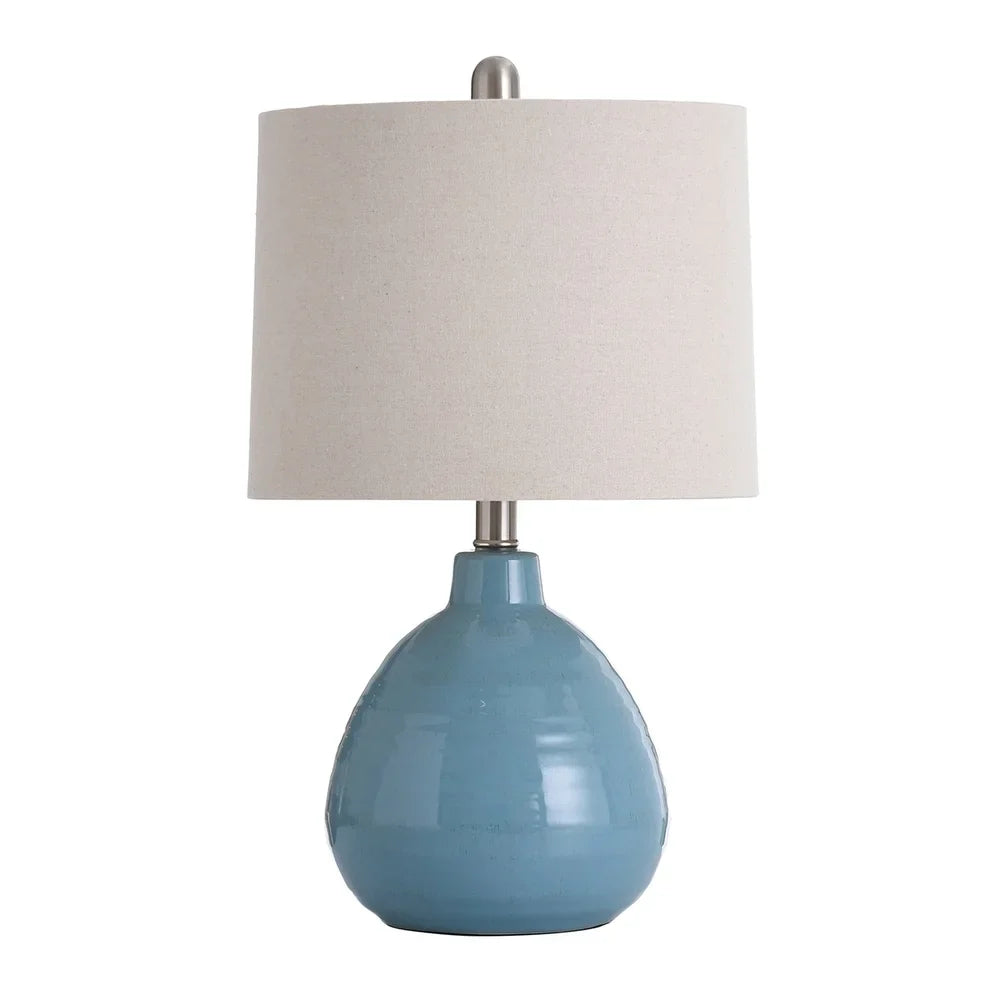 StyleCraft Cameron Ceramic Seaside Storm Blue Table Lamp - Beige Hardback Linen Shade