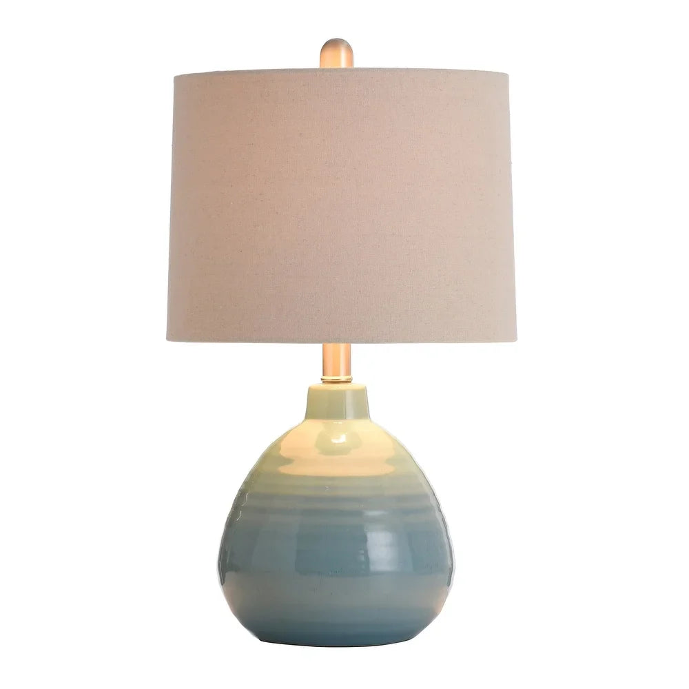 StyleCraft Cameron Ceramic Seaside Storm Blue Table Lamp - Beige Hardback Linen Shade