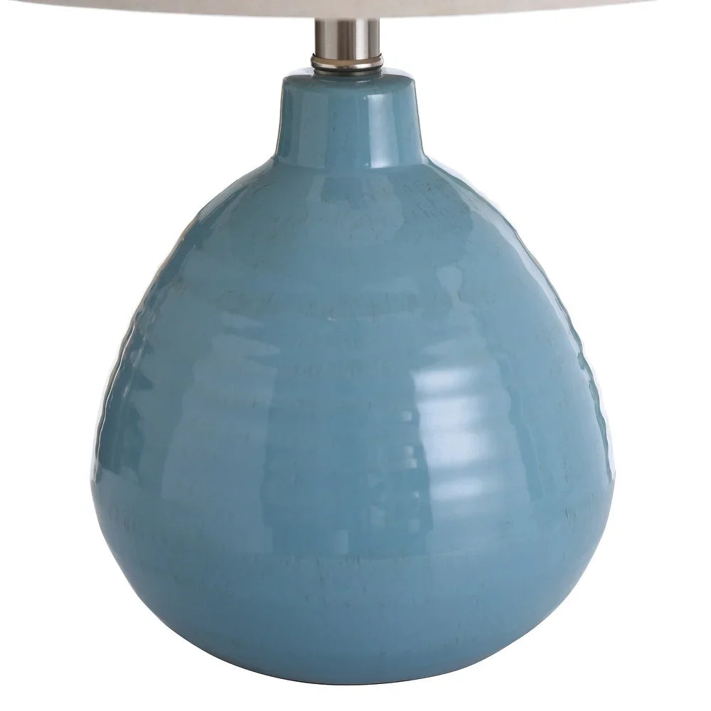 StyleCraft Cameron Ceramic Seaside Storm Blue Table Lamp - Beige Hardback Linen Shade