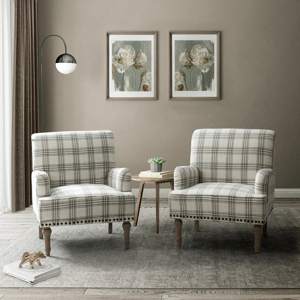 Geltrude Farmhouse Vintage Plaid Accent Armchair with Nailhead Trim Set of 2