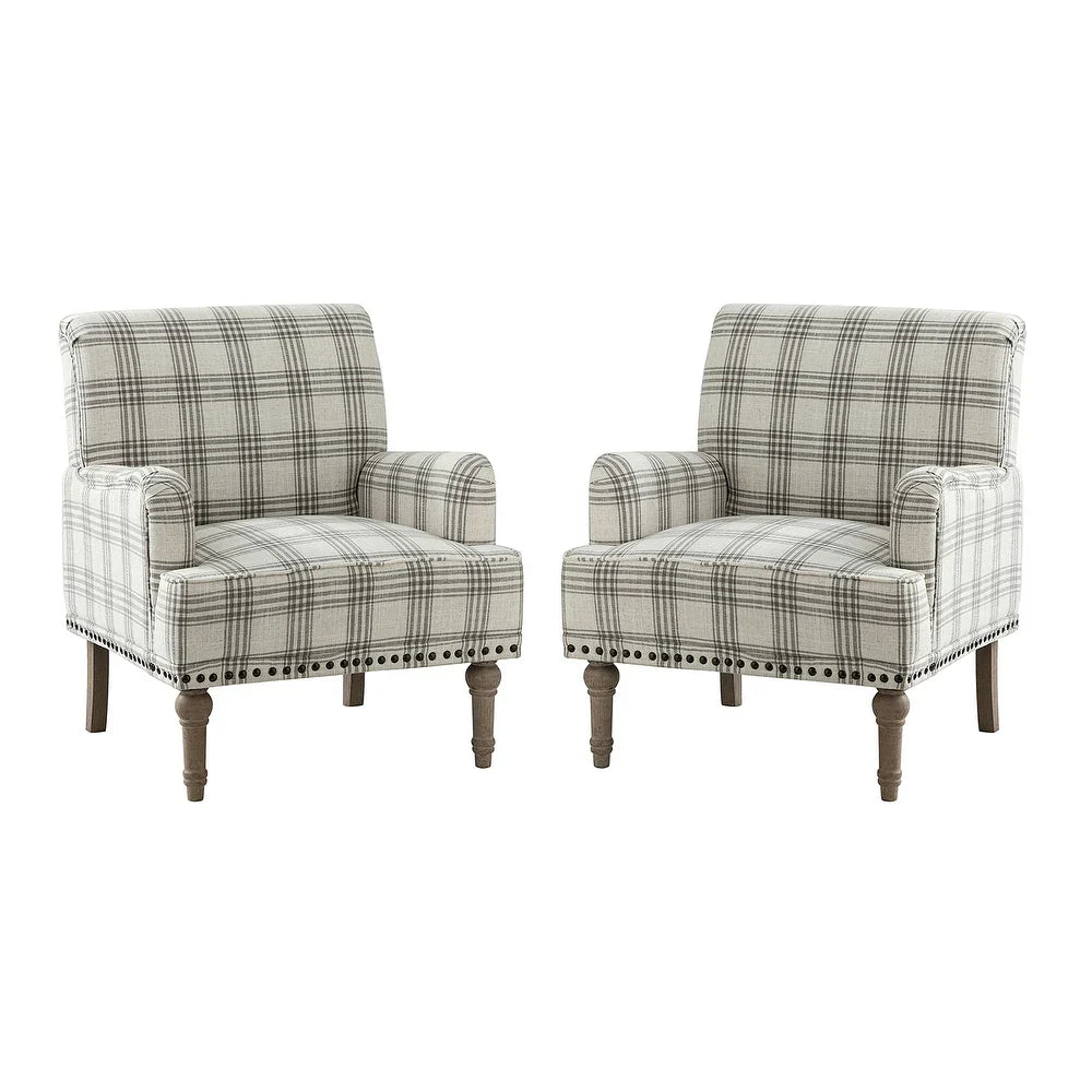 Geltrude Farmhouse Vintage Plaid Accent Armchair with Nailhead Trim Set of 2