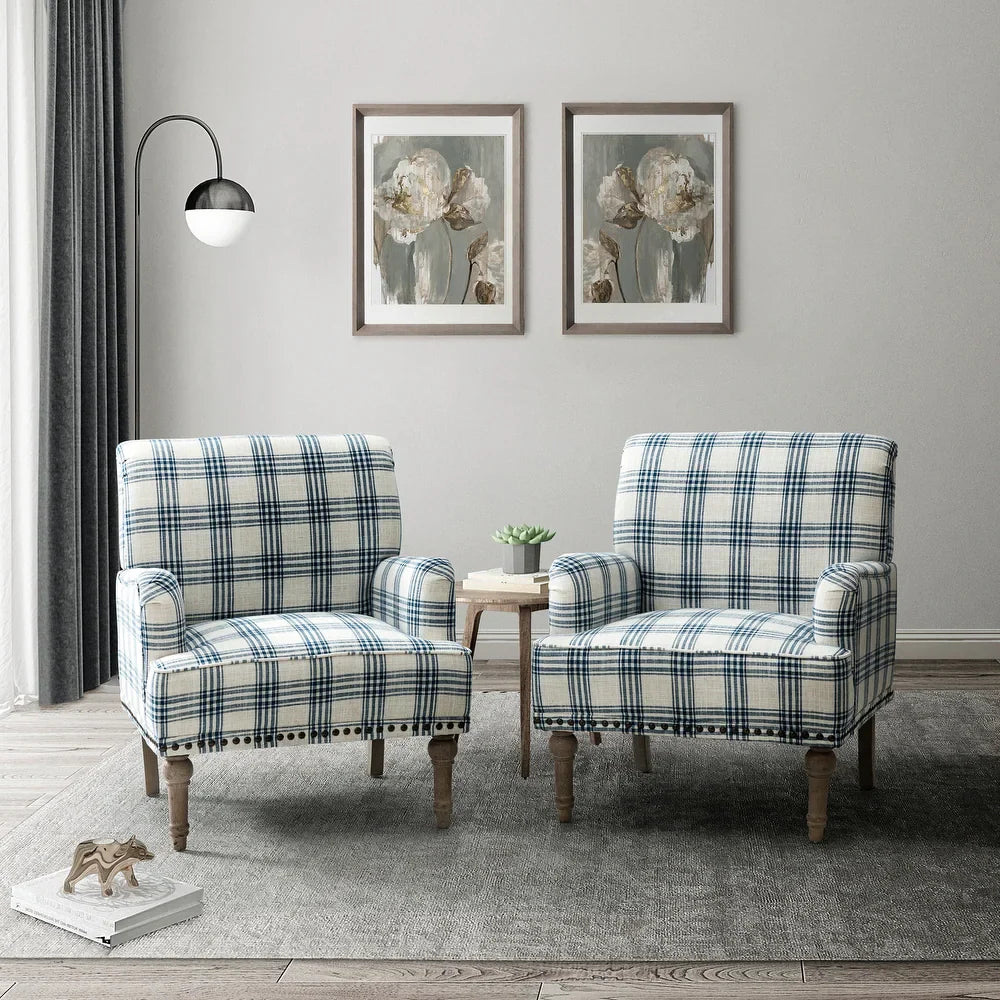 Geltrude Farmhouse Vintage Plaid Accent Armchair with Nailhead Trim Set of 2