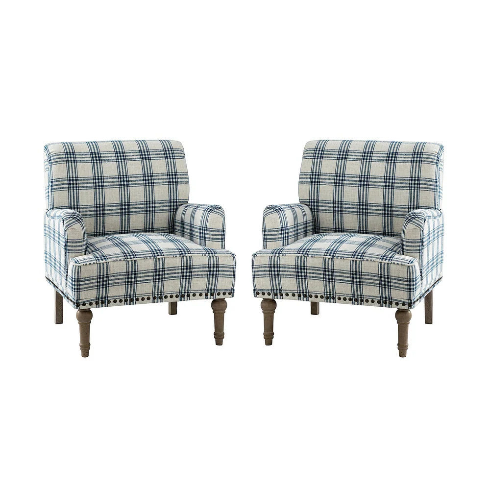 Geltrude Farmhouse Vintage Plaid Accent Armchair with Nailhead Trim Set of 2