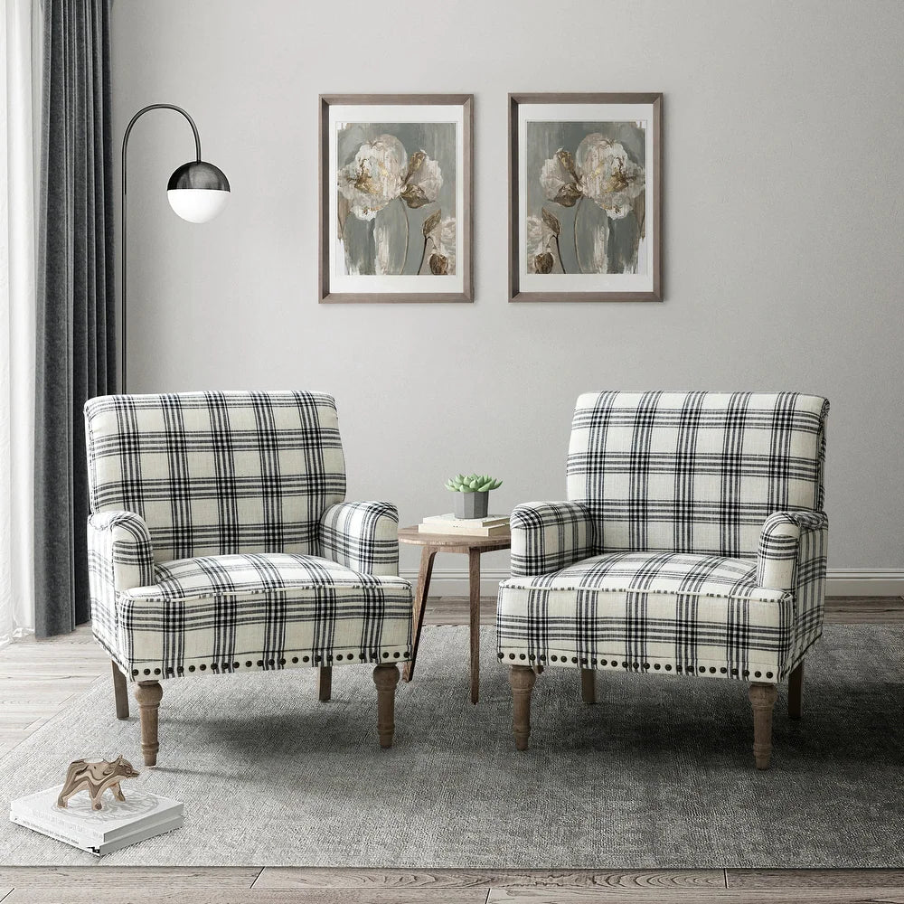 Geltrude Farmhouse Vintage Plaid Accent Armchair with Nailhead Trim Set of 2