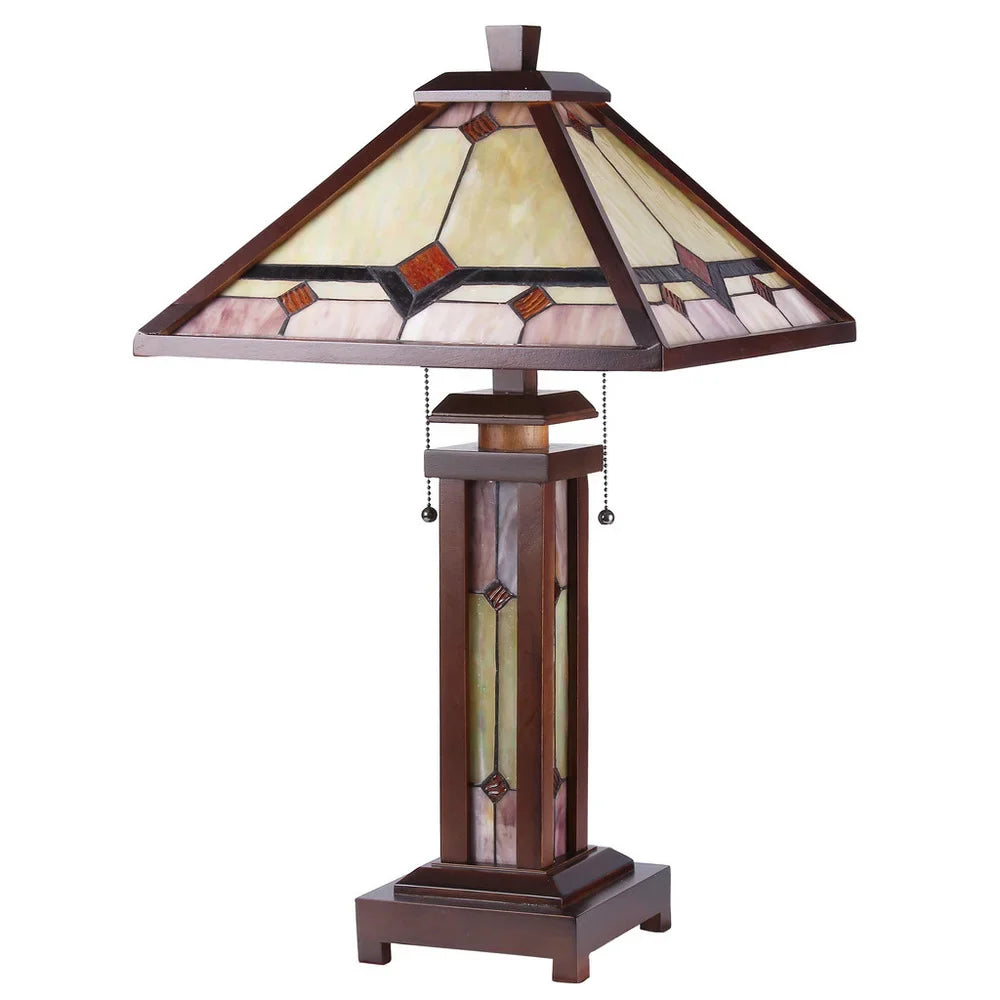 Tiffany Style Mission Design Double Lit 2+1-light Dark Walnut Table Lamp