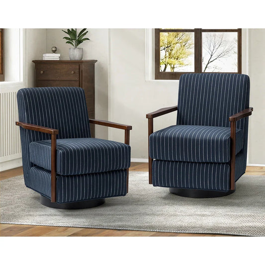 Christoph Farmhouse Striped Swivel Armchair With Solid Wooden Armrests Set Of 2