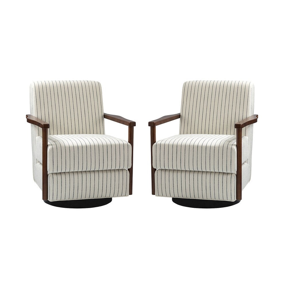 Christoph Farmhouse Striped Swivel Armchair With Solid Wooden Armrests Set Of 2