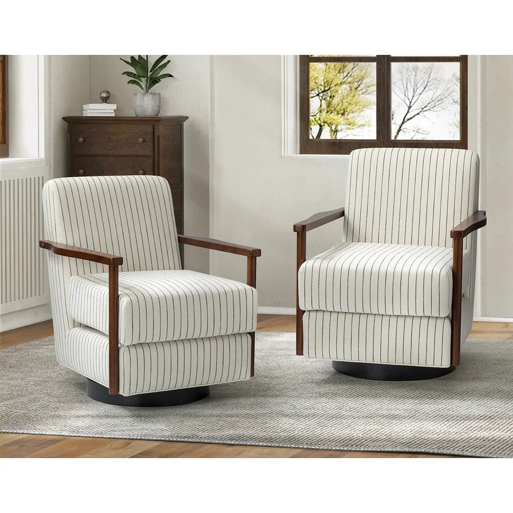 Christoph Farmhouse Striped Swivel Armchair With Solid Wooden Armrests Set Of 2