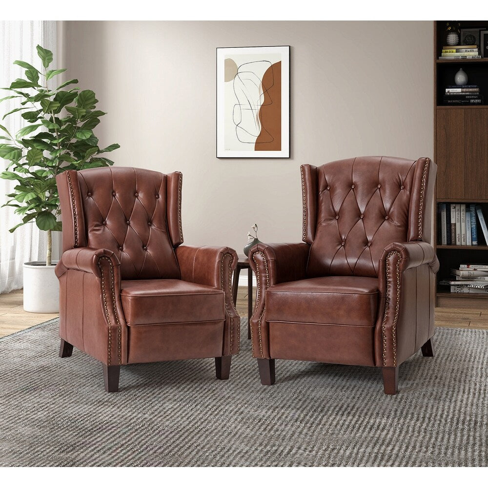 Claros Genuine Leather Button-Tufted and Nailhead Trim Manual Recliner with Wooden Legs Set of 2