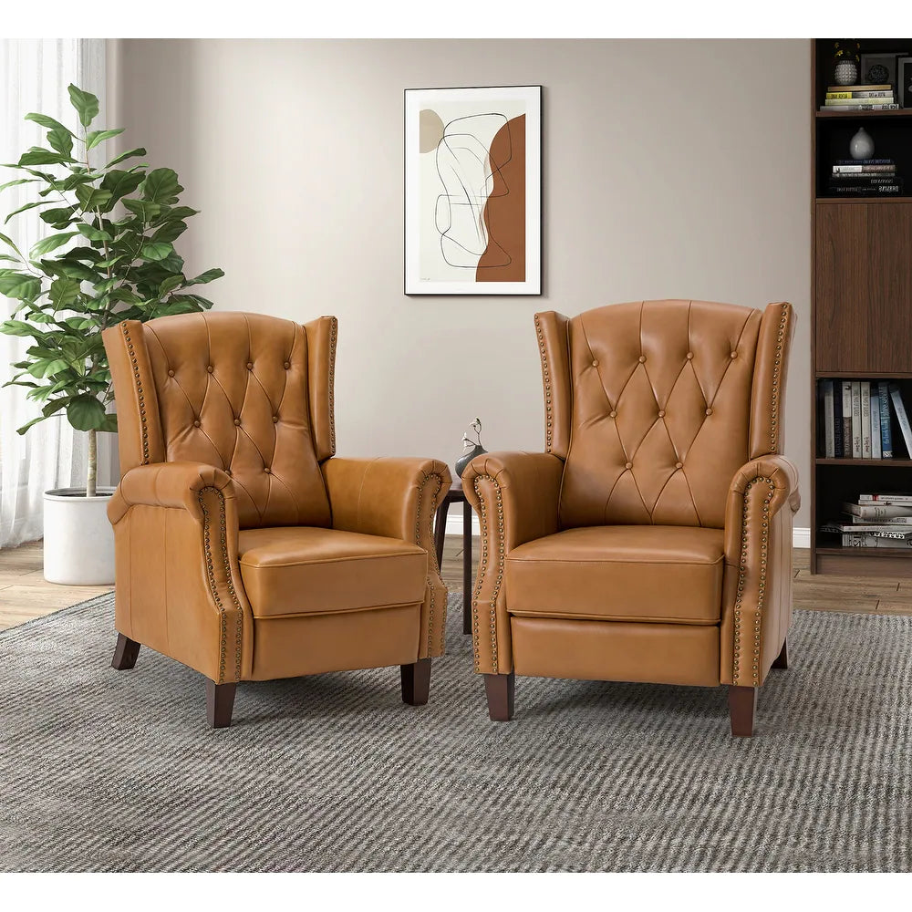 Claros Genuine Leather Button-Tufted and Nailhead Trim Manual Recliner with Wooden Legs Set of 2