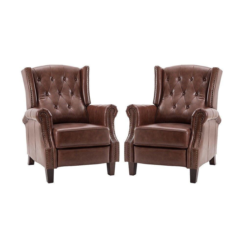 Claros Genuine Leather Button-Tufted and Nailhead Trim Manual Recliner with Wooden Legs Set of 2