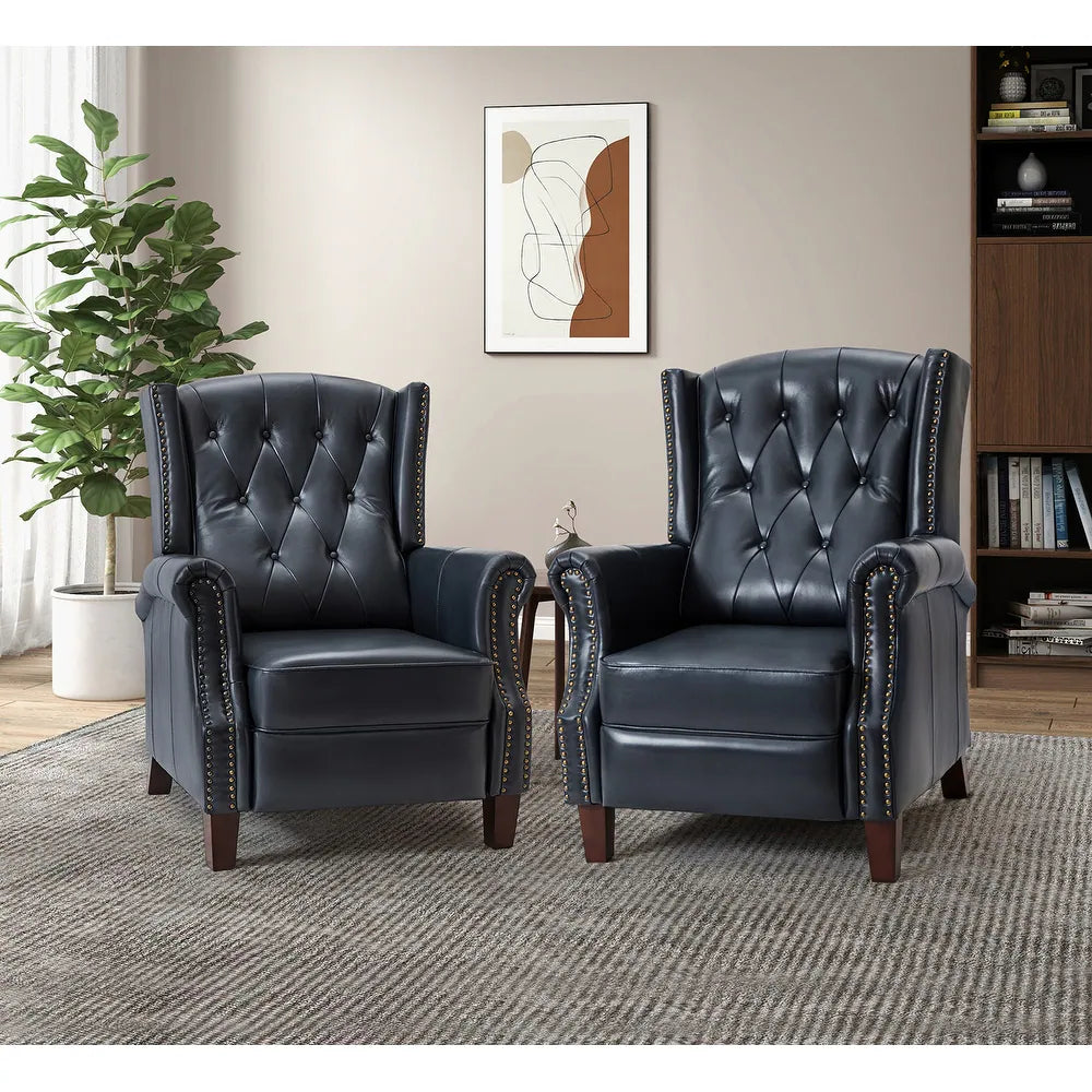 Claros Genuine Leather Button-Tufted and Nailhead Trim Manual Recliner with Wooden Legs Set of 2