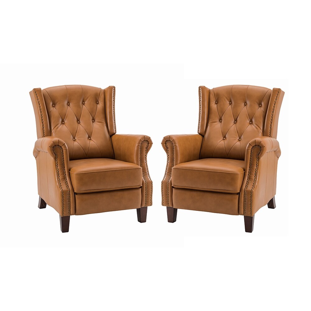 Claros Genuine Leather Button-Tufted and Nailhead Trim Manual Recliner with Wooden Legs Set of 2